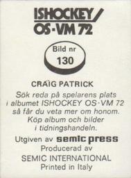 1972 Semic Ishockey OS-VM (Swedish) Stickers #130 Craig Patrick Back