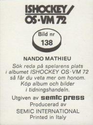 1972 Semic Ishockey OS-VM (Swedish) Stickers #138 Nando Mathieu Back