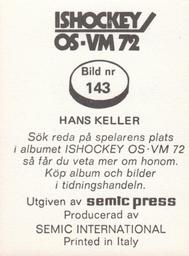 1972 Semic Ishockey OS-VM (Swedish) Stickers #143 Hans Keller Back