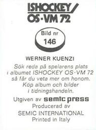 1972 Semic Ishockey OS-VM (Swedish) Stickers #146 Werner Kunzi Back