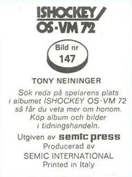 1972 Semic Ishockey OS-VM (Swedish) Stickers #147 Tommy Neininger Back