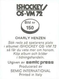1972 Semic Ishockey OS-VM (Swedish) Stickers #150 Charles Henzen Back