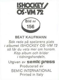 1972 Semic Ishockey OS-VM (Swedish) Stickers #156 Beat Kaufmann Back