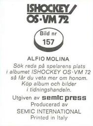 1972 Semic Ishockey OS-VM (Swedish) Stickers #157 Alfio Molina Back