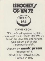 1972 Semic Ishockey OS-VM (Swedish) Stickers #164 Dave Keon Back