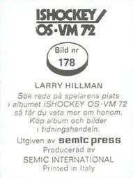 1972 Semic Ishockey OS-VM (Swedish) Stickers #178 Larry Hillman Back
