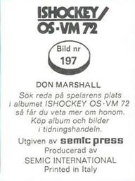 1972 Semic Ishockey OS-VM (Swedish) Stickers #197 Don Marshall Back