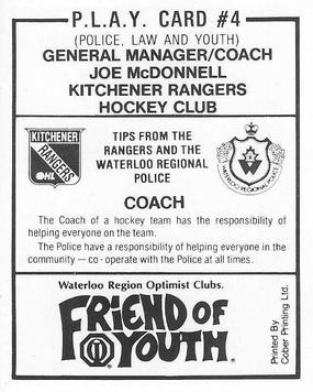 1988-89 Kitchener Rangers (OHL) Police #4 Joe McDonnell Back