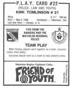 1988-89 Kitchener Rangers (OHL) Police #22 Kirk Tomlinson Back
