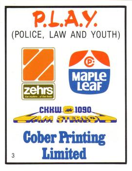 1985-86 Kitchener Rangers (OHL) Police #3 Sponsor Card Front