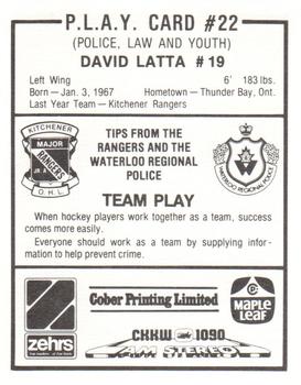 1985-86 Kitchener Rangers (OHL) Police #22 David Latta Back