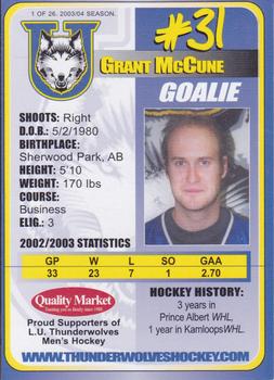 2003-04 Lakehead Thunderwolves (CIS) #1 Grant McCune Back