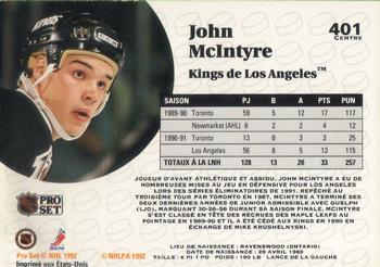 1991-92 Pro Set French #401 John McIntyre Back