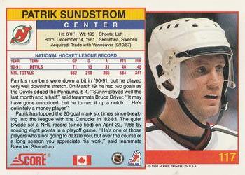 1991-92 Score Canadian English #117 Patrik Sundstrom Back