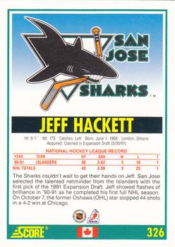 1991-92 Score Canadian English #326 Jeff Hackett Back