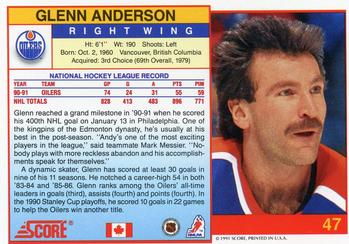 1991-92 Score Canadian English #47 Glenn Anderson Back
