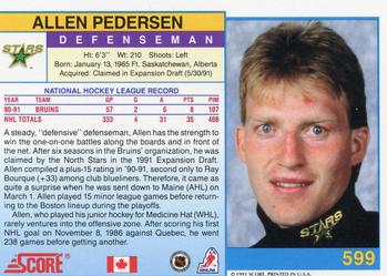 1991-92 Score Canadian English #599 Allen Pedersen Back - 10760-599Bk