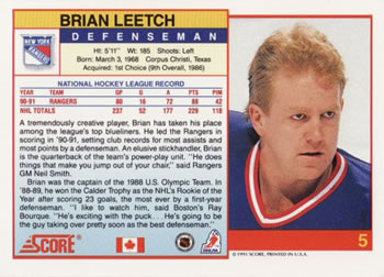 1991-92 Score Canadian English #5 Brian Leetch Back