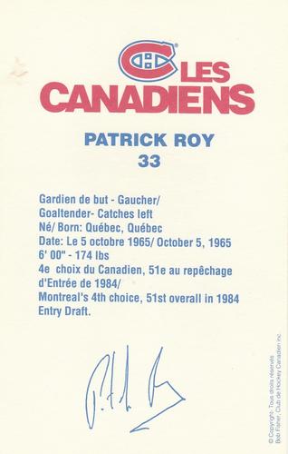 1988-89 Montreal Canadiens #NNO Patrick Roy Back