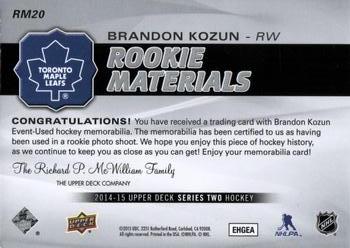2014-15 Upper Deck - Rookie Materials #RM20 Brandon Kozun Back