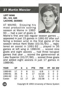 1992-93 Irving Maine Black Bears (NCAA) #32 Martin Mercier Back
