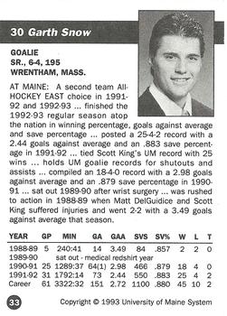 1992-93 Irving Maine Black Bears (NCAA) #33 Garth Snow Back