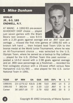 1992-93 Irving Maine Black Bears (NCAA) #2 Mike Dunham Back