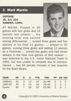 1992-93 Irving Maine Black Bears (NCAA) #4 Matt Martin Back