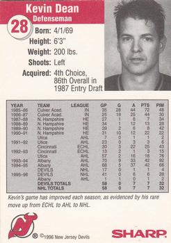 1996-97 Sharp New Jersey Devils #NNO Kevin Dean Back