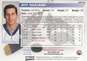 2003-04 Choice Manchester Monarchs (AHL) #4 Jeff Giuliano Back