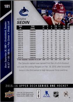 2015-16 Upper Deck #181 Henrik Sedin Back