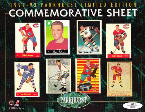 1992-93 Parkhurst - Commemorative Sheets #NNO Dickie Moore / Norm Ullman / Jerry Toppazzini / Henri Richard / Frank Mahovlich / Jean Beliveau / Bernie Geoffrion / Ted Lindsay Front