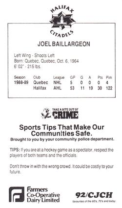 1989-90 Halifax Citadels (AHL) Police #NNO Joel Baillargeon Back