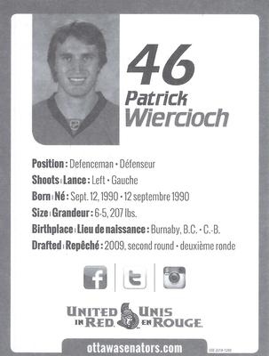2014-15 Ottawa Senators #NNO Patrick Wiercioch Back