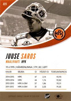 2015-16 Cardset Finland #025 Juuse Saros Back