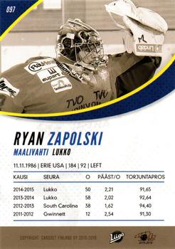 2015-16 Cardset Finland #097 Ryan Zapolski Back