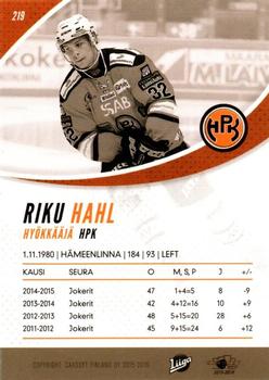 2015-16 Cardset Finland #219 Riku Hahl Back
