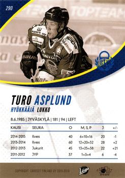 2015-16 Cardset Finland #290 Turo Asplund Back