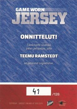 2015-16 Cardset Finland - Game Worn Jersey Series 1 Exchange #NNO Teemu Ramstedt Back