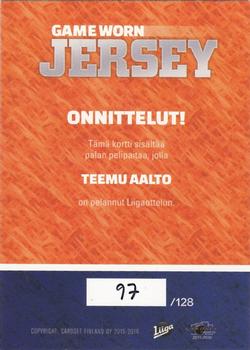 2015-16 Cardset Finland - Game Worn Jersey Series 1 Exchange #NNO Teemu Aalto Back
