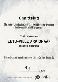 2015-16 Cardset Finland - Signature #NNO Eetu-Ville Arkiomaa Back