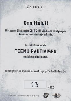 2015-16 Cardset Finland - Signature #NNO Teemu Rautiainen Back