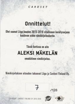 2015-16 Cardset Finland - Signature #NNO Aleksi Mäkelä Back