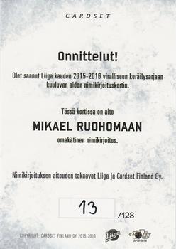 2015-16 Cardset Finland - Signature #NNO Mikael Ruohomaa Back