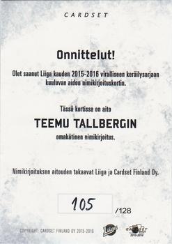 2015-16 Cardset Finland - Signature #NNO Teemu Tallberg Back