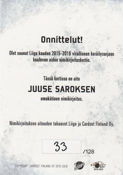 2015-16 Cardset Finland - Signature #NNO Juuse Saros Back