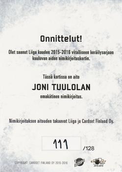 2015-16 Cardset Finland - Signature #NNO Joni Tuulola Back