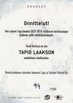 2015-16 Cardset Finland - Signature #NNO Tapio Laakso Back