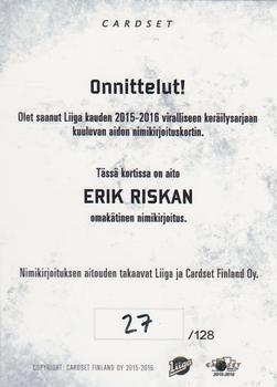 2015-16 Cardset Finland - Signature #NNO Erik Riska Back