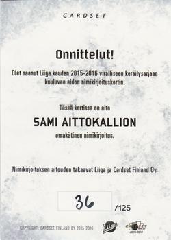 2015-16 Cardset Finland - Signature #NNO Sami Aittokallio Back